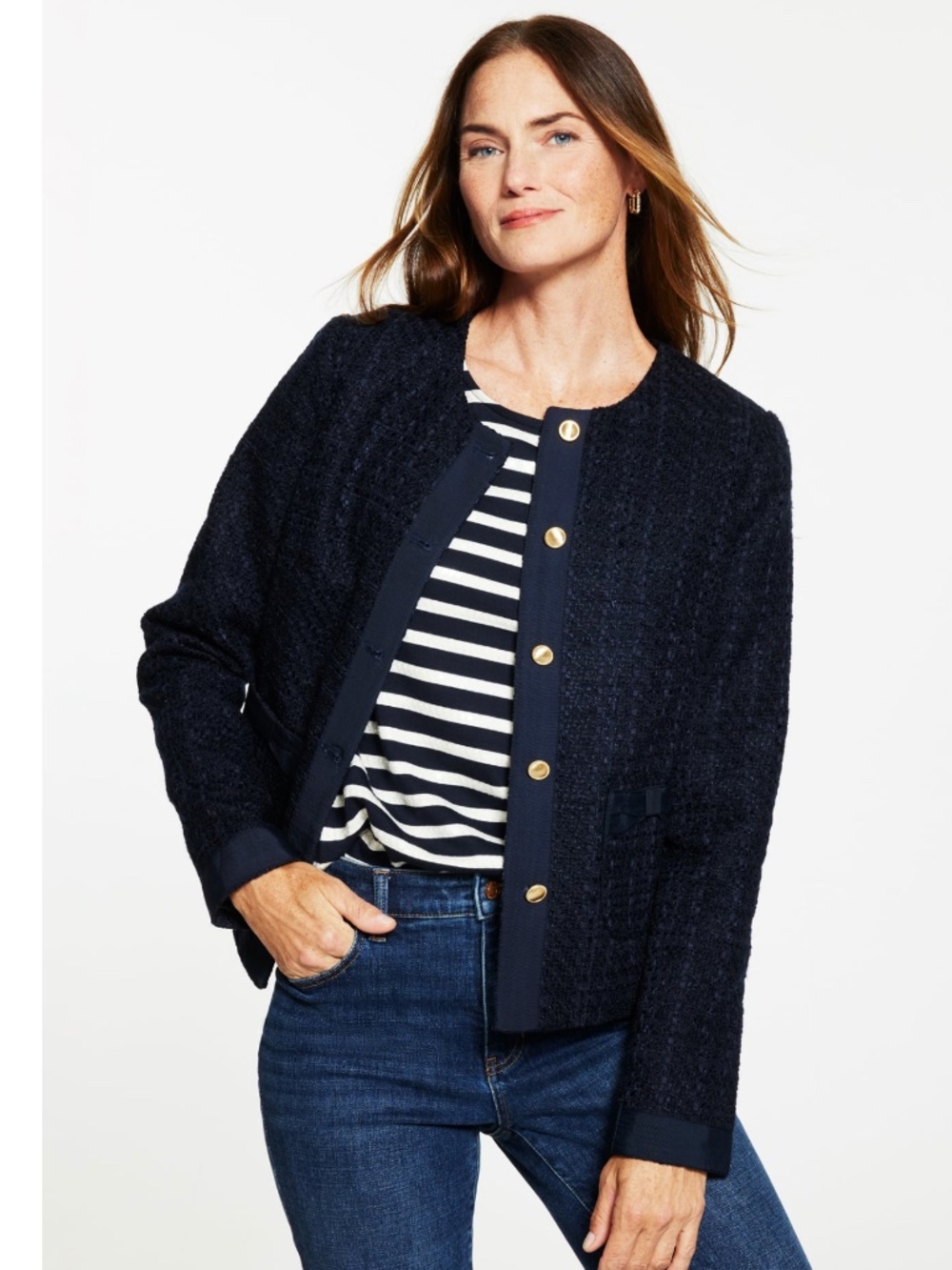 NWT Talbots Navy Blue Kensington Tweed Jacket with Navy Grosgrain Trim 20WP